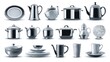 © Sinechana - Decorative set of realistic kitchen elements, cookware and tableware illustrated in polished vector style, minimal white background for design use