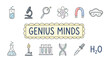 © Azwad - Genius Minds: A collection of science-themed icons and illustrations, including a beaker, microscope, magnifying glass, atomic model, horseshoe magnet, safety goggles, Bunsen burner, test tubes.