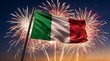 © ZiletterId - Waving national flag of Italy over bright fireworks celebration in dark blue night sky background