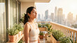 © Celt Studio - Indian female practicing morning breathing exercises while standing on sunny outdoor apartment balcony surrounded by potted green plants overlooking modern city skyline