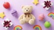 © PixelPulse Studio - Cute teddy bear toy surrounded by colorful party items and gifts