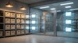 © TensorSpark - Secure office archive with file box, glass door and digital screen overlay, showing paperless workflow, record digitization and modern document management.