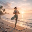 © esman - Woman practices yoga on a beach at sunrise to achieve mindfulness and physical wellness in nature.