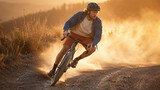 Mountain biker cornering on dusty trail at sunset