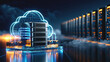 © Tiravad - Cloud server rack data center with glowing network connections and futuristic cloud graphic conveying secure enterprise cloud computing solutions
