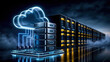 © Tiravad - Neon cloud connected to stacked servers and data center rack, futuristic enterprise cloud computing scene with dramatic lighting and reflective