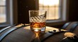 © LuminaMotion Assets - Glass of whiskey sits on a wooden barrel. Golden spirits in a crystal tumbler. Aged alcohol drink.