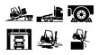 © MdMahmudulHasan - Industrial logistics safety icons, forklift and semi truck transport hazard symbols, warehouse loading dock operations vector set