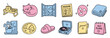 © David - Cozy home lifestyle doodle icon set featuring a sleeping cat, breakfast tray, record player, journal, croissant, blanket, and self care items in pastel colors
