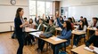 © Tio - Engaged Learners in the Classroom: A motivated teacher leads a classroom of attentive students, many with hands raised eagerly to answer questions, fostering a dynamic learning environment.