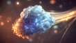 © PB Studio - macro photograph of fiber optic cables glowing in blue and cyan tones. A luminous cloud computing icon glows at the end of the stream. Soft sunlight flares from top-left. Blurred bokeh background