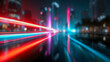 © Aliaksandra - Futuristic neon city with red and blue light trails, wet reflections and cyberpunk retrowave atmosphere at night
