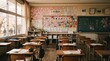 © Veayo - A Japanese classroom is filled with desks and a bulletin board.