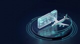 Futuristic airplane and boarding pass on digital tech platform
