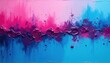 © Pete - Abstract oil painting features vibrant mix of pink, blue tones. Thick textured brushstrokes create dynamic surface relief across canvas. Dark purple layers emerge within center. Bright colors blend
