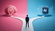 © Ahmed - Businessman at crossroads choosing between human emotional intelligence brain and artificial intelligence microchip