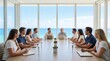 © spyrakot - Business team meeting in modern conference room with ocean view