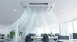 © David Zarzosa - Ceiling cassette air conditioner distributing cool airflow in a bright modern open office, for ventilation, climate control and workplace comfort.