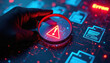 © Viktor - Person in black glove uses magnifying glass to inspect glowing red warning sign on digital document interface. Cyber security expert checks for system bug data breach. Forensic investigator monitors