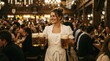 © scrdy - Smiling server holding large beer mugs inside a crowded rustic dining hall