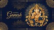© Sapra - Happy Ganesh Chaturthi Vector Banner with Golden Lord Ganesha Line Art, Marigold Flowers, and Diya Lamps on Dark Blue Background for Hindu Festival Greeting Card, Invitation, and ...