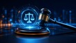 © Elite Studio - Wooden judge gavel beside glowing blue holographic scales of justice symbol. Concept of cyber law for corporate governance and legal technology.