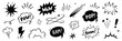 © Polina Tomtosova - Comic cartoon line splash set. Hand drawn comic line splash effect with cartoon pop icon boom wow. Explosive speech bubble burst action motion explosion emphasis elements. Vector illustration