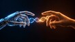 © Ai World - Human hand touching robotic hand with glowing DNA helix connection, futuristic technology concept