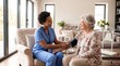 © Oliver - Compassionate home care nurse checking blood pressure of elderly woman in comfortable living room, providing personalized healthcare support and monitoring vital signs at home
