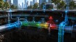 © Ai World - Futuristic digital twin 3D render of urban water pipeline system with city skyline