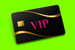 © aura - ​A black and gold VIP card with a smart chip and pink text rests on a bright green background.