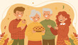 © Adnan - Happy multigenerational family stands together celebrating Thanksgiving with a delicious homemade pumpkin pie in autumn.