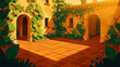 © HAKOBYAN ANAHIT - Sunlit Mediterranean courtyard with arched doorways and lush vines. Warm golden light illuminates a terracotta tiled patio. European architecture illustration for travel and lifestyle themes.