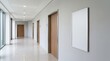 © HRT - Modern hospital corridor with blank sign. Empty clinic hallway with copy space for text.