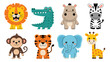 © Rajia - Colorful cartoon animals including lion crocodile hippo zebra monkey tiger elephant giraffe with crocodile elephant wildlife colorful illustration