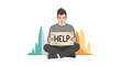 © Chloe - Homeless man sitting cross-legged holding a handwritten help sign, representing poverty and social assistance.