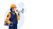 © Ahmad - Female rescue worker in safety helmet and vest holding a megaphone to announce instructions during emergency.