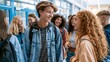 © Vitalii Shkurko - Students Chat and Laugh Together in a Bright School Corridor After the Holidays