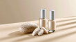© Nataliia - Minimal cosmetic foundation bottles with smooth pebbles and abstract stones arranged on warm beige background with soft sunlight and shadows