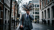 © Adnan - Businessman with exploding thoughts amidst city street, mental overload concept