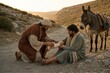 © Natalia - Good Samaritan helping injured man on road. Biblical scene of mercy and care. Historical religious narrative from New Testament depicting compassion, healing and kindness to stranger.