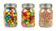 © LABONI - Three glass mason jars filled with colorful candies and sprinkles isolated on transparent background