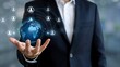 © Mst Rozina Pervin - Businessman holding the globe in his hand, network connection of people around the globe, globalization concept