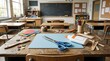 © terpedo - Craft supplies on a wooden desk in an empty classroom