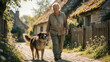 © Ano - Eine Seniorin genießt einen ruhigen Spaziergang mit ihrem Mischlingshund durch eine kleine Ortschaft. Das Bild vermittelt Gelassenheit, Verbundenheit und aktives Altern.KI Generiert