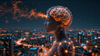 © A Luna Blue - AI Human Figure with Glowing Brain Over Night Cityscape