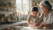 © Ed - Kneading bread dough, poster of Filipino-American grandmother with her granddaughter at kitchen table, a Grandparents' Day poster with copy space, communication and connection between generations