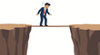 © MD - Anxious businessman on wooden plank spanning canyon, arms outstretched in fear, metaphor for business risk, uncertainty, danger and overcoming adversity in high-pressure critical situations