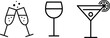 © ChoyonKumar - A minimalist black and white line art illustration featuring three different types of alcoholic beverage glasses for celebration and party concepts
