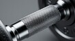 © Viktor - Close-up macro shot of shiny metal dumbbell handle with knurled grip. Focus on texture and detail of gym equipment for strength training and weightlifting workouts.